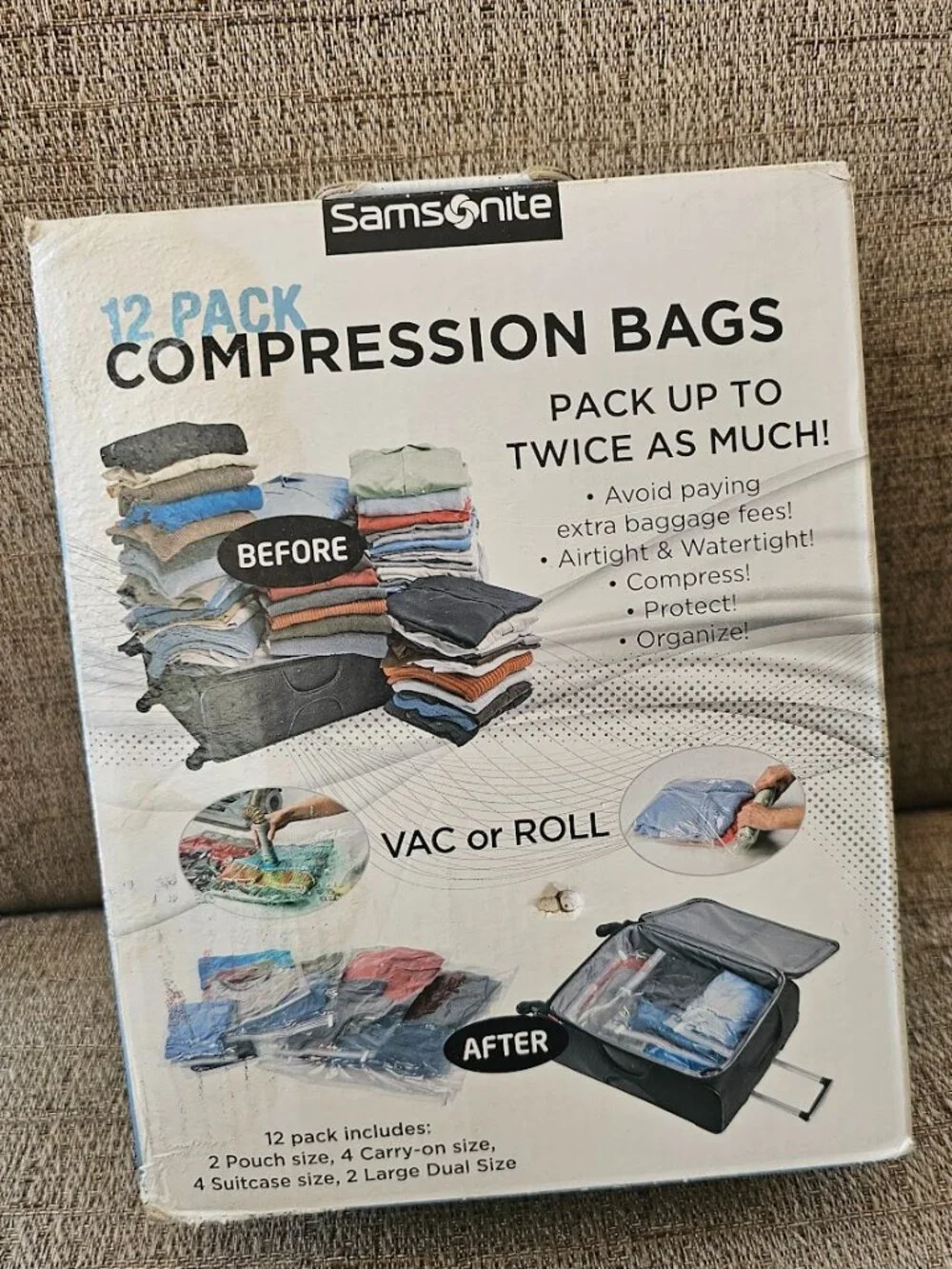 Samsonite 12pc Compression Bags Vac or Roll Travel Luggage Space Saver